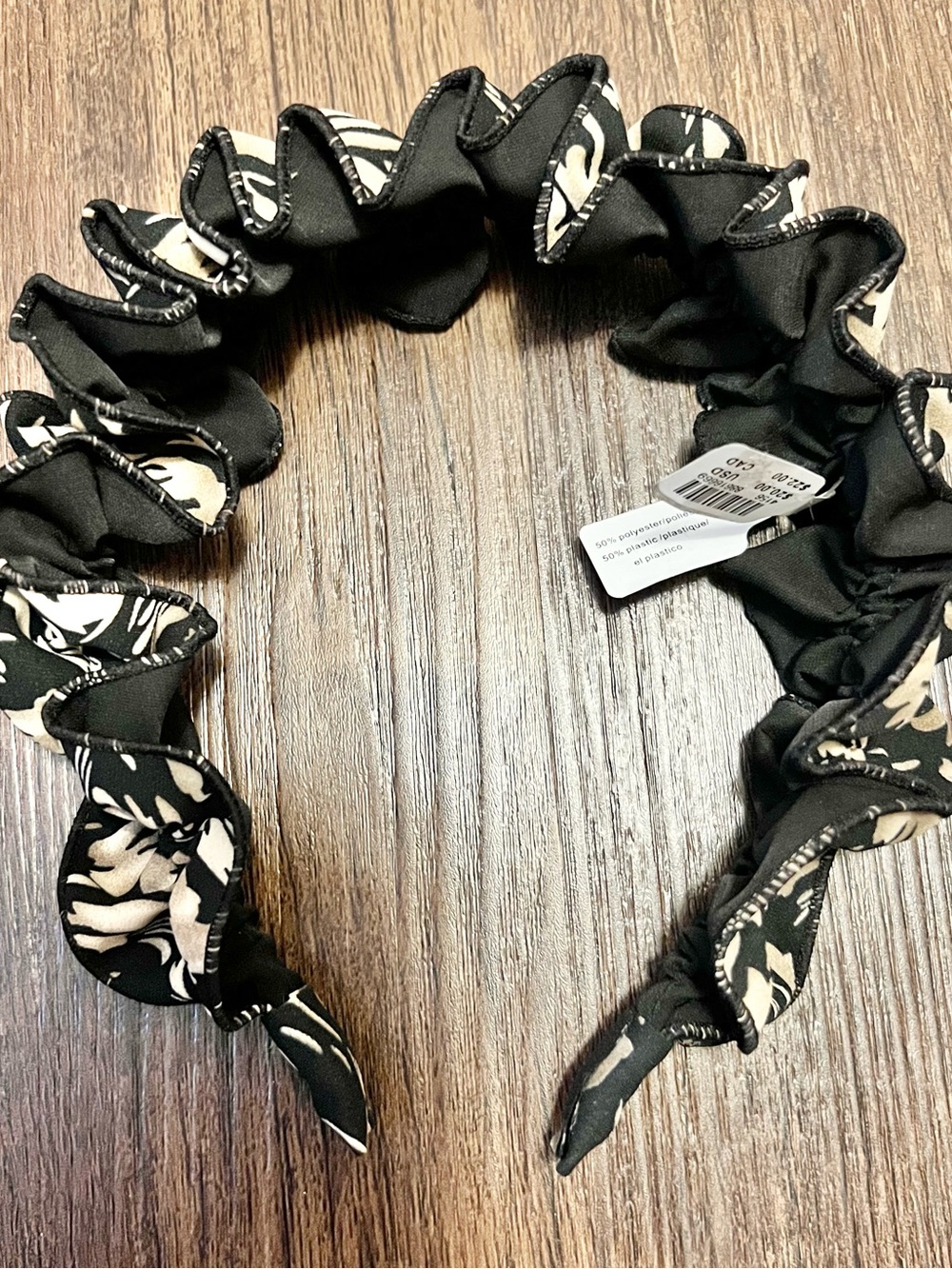 Anthropologie Black and Cream Floral Ruffle Headband